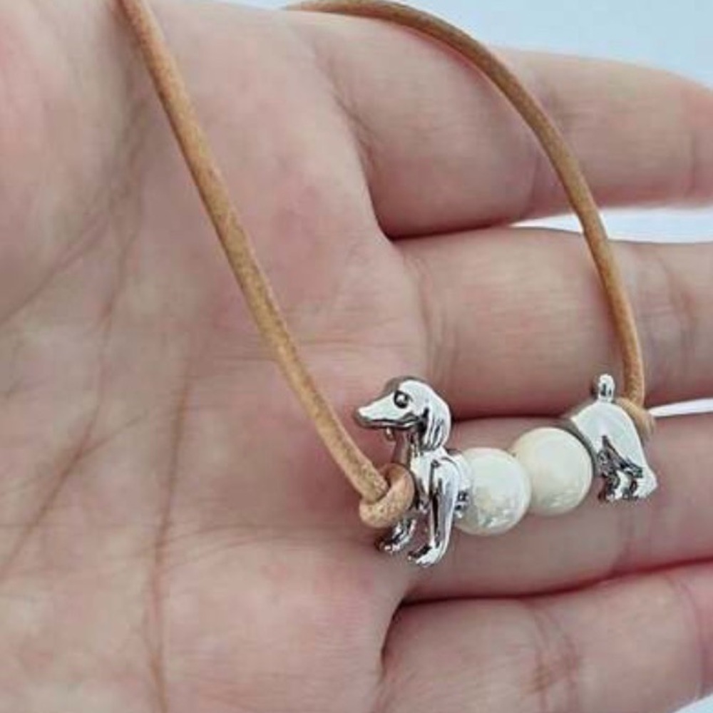 Dachshund necklace silver beaded sausage dog hotdog jewelry leather bracelet NEW - Picture 2 of 5